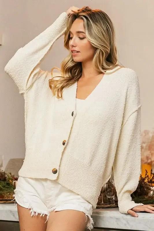BiBi V-Neck Button Up Dropped Shoulder Cardigan - Love Salve